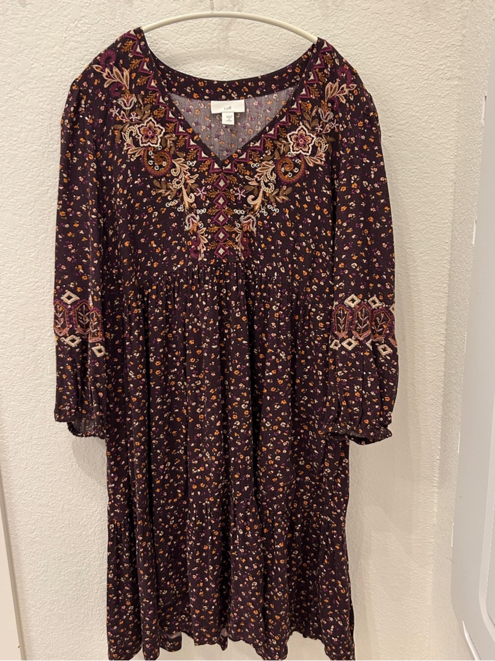J. Jill Plum Embroidered V-Neck Long Sleeve Dress